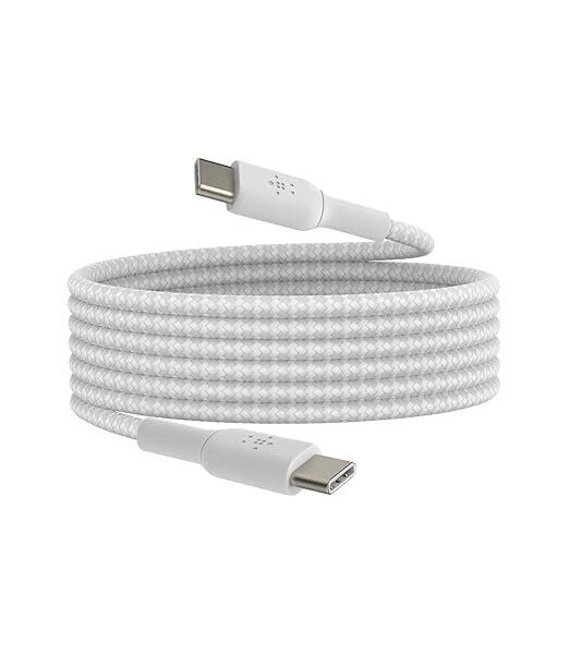 Belkin USB-C to USB-C Braided 6.6 Feet (2 Meter) Fast charging Type C Cable, for iPhone 15 Series and other USB-C Devices, Tough and Durable, 60W PD, USB-IF Certified - White