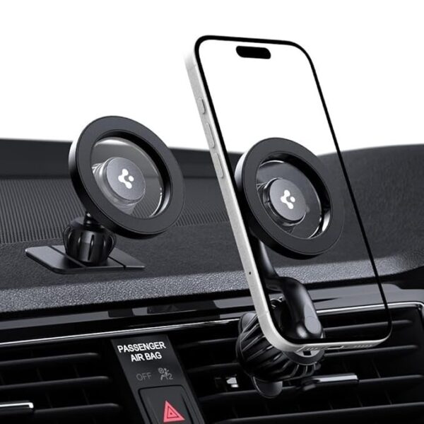 Spigen Air-Vent Extension Type Car Mount Compatible with Magsafe, [Super Strong Magnet] [Stable Holder] [Extra Mini Mount for Dashboard] - Black