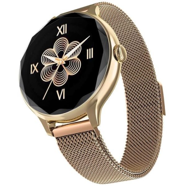 Roll over image to zoom in Noise Diva Smartwatch with Diamond Cut dial, Glossy Metallic Finish, AMOLED Display, Mesh Metal and Leather Strap Options, 100+ Watch Faces, Female Cycle Tracker Smart Watch for Women (Gold Link)
